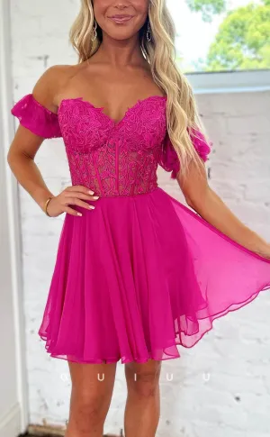 GH606 - Sexy & HotA-Line Off-Shoulder Sweetheart Appliques Open Back Homecoming Dress