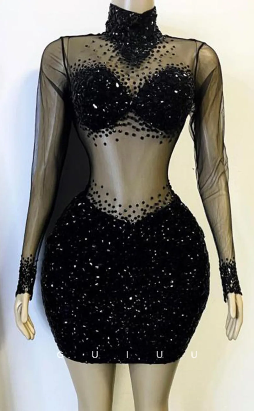 GH694 - Sexy & Hot Beaded High Neck Illusion Homecoming Dress For Black Women