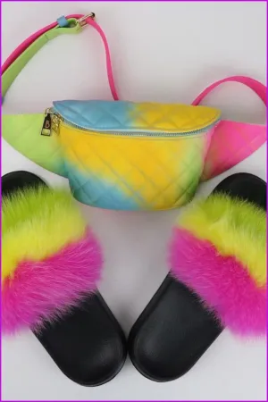 Green Yellow Pink Fur Slides & Waist Bag Set #1 F952