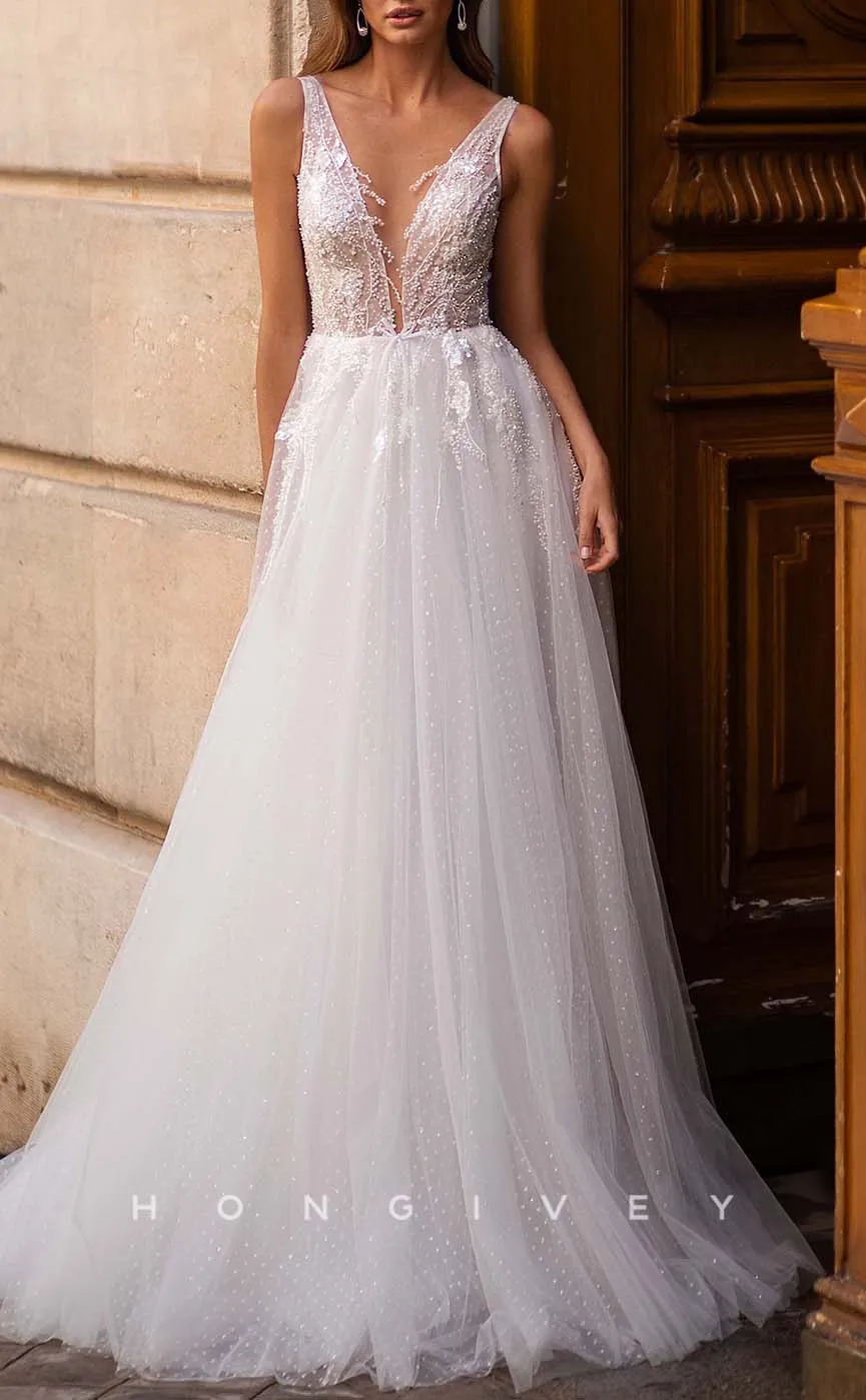 H0966 - Ornate Illusion Fully Beaded Lace Applique Tiered V-Neck With Train Long Wedding Dress