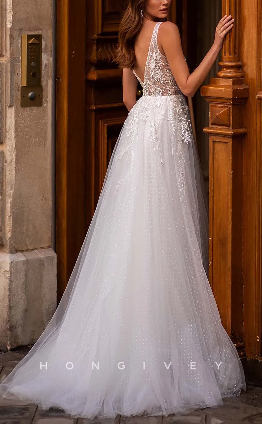 H0966 - Ornate Illusion Fully Beaded Lace Applique Tiered V-Neck With Train Long Wedding Dress