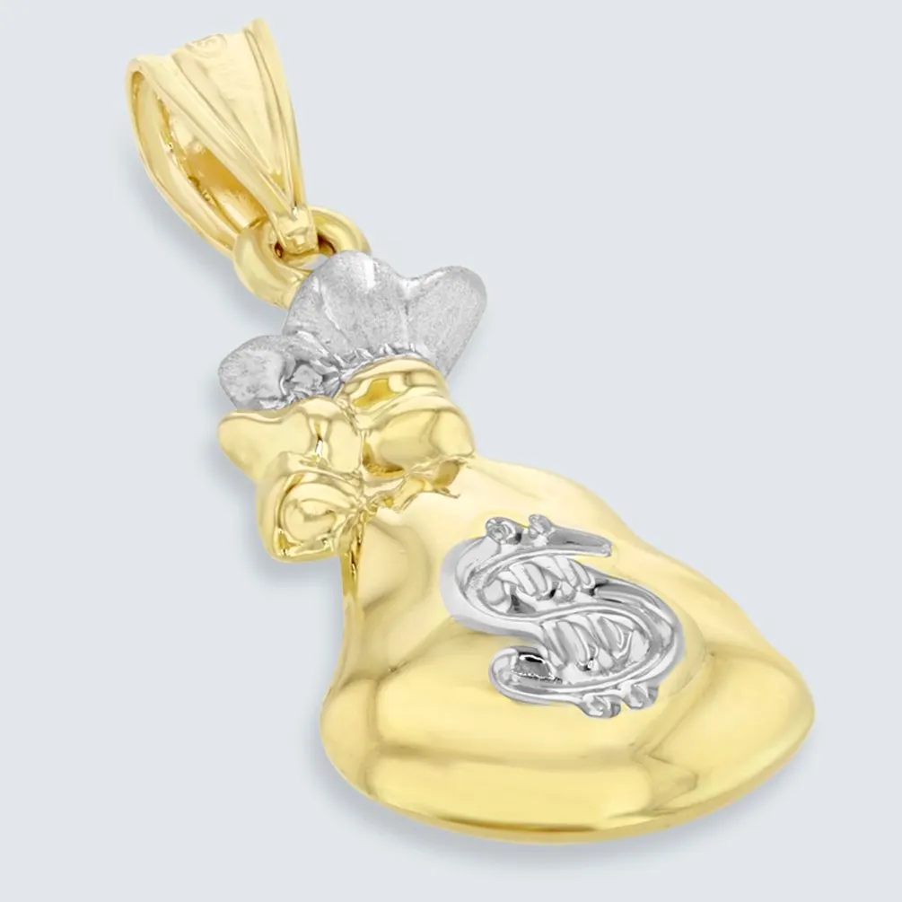 High Polish 14K Yellow Gold 3D Money Bag Charm Pendant With Cable, Curb or Figaro Chain Necklace