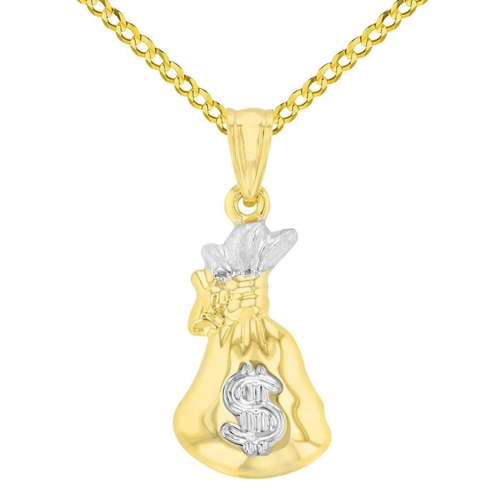 High Polish 14K Yellow Gold 3D Money Bag Charm Pendant With Cable, Curb or Figaro Chain Necklace