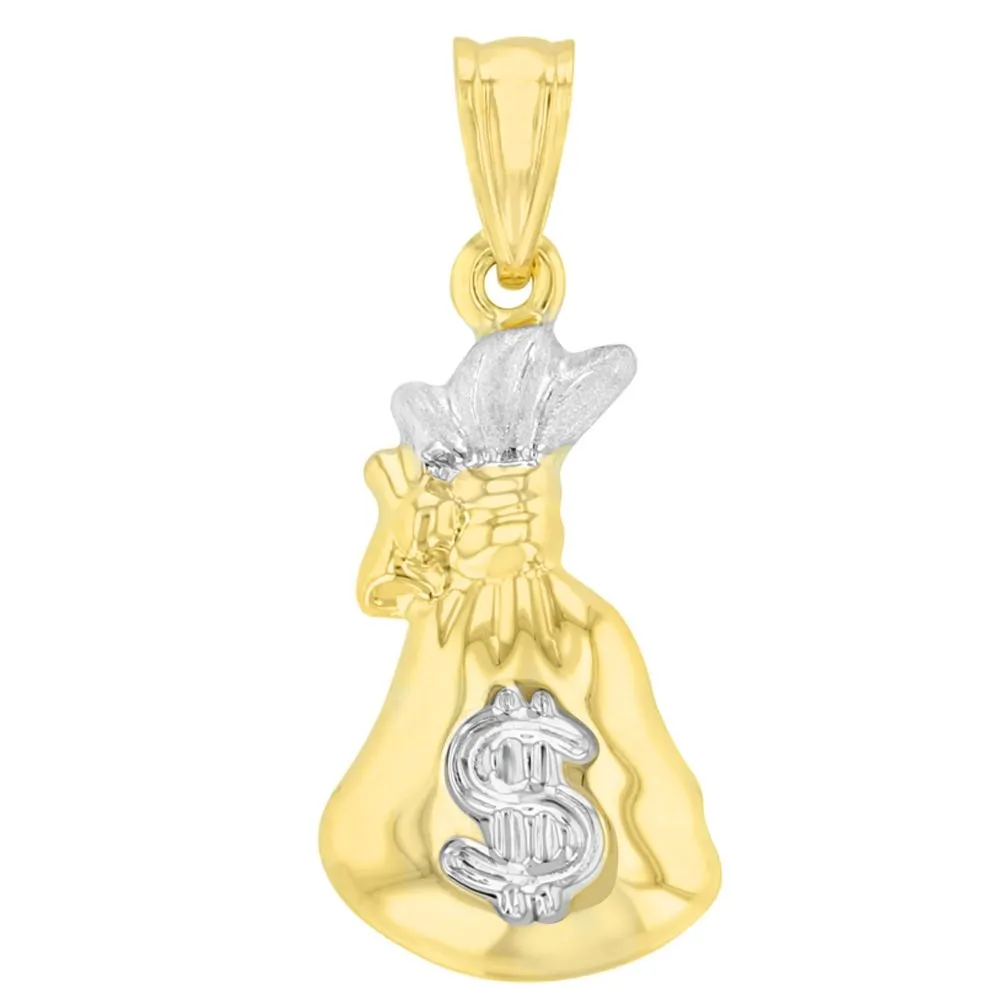 High Polish 14K Yellow Gold 3D Money Bag Charm Pendant With Cable, Curb or Figaro Chain Necklace