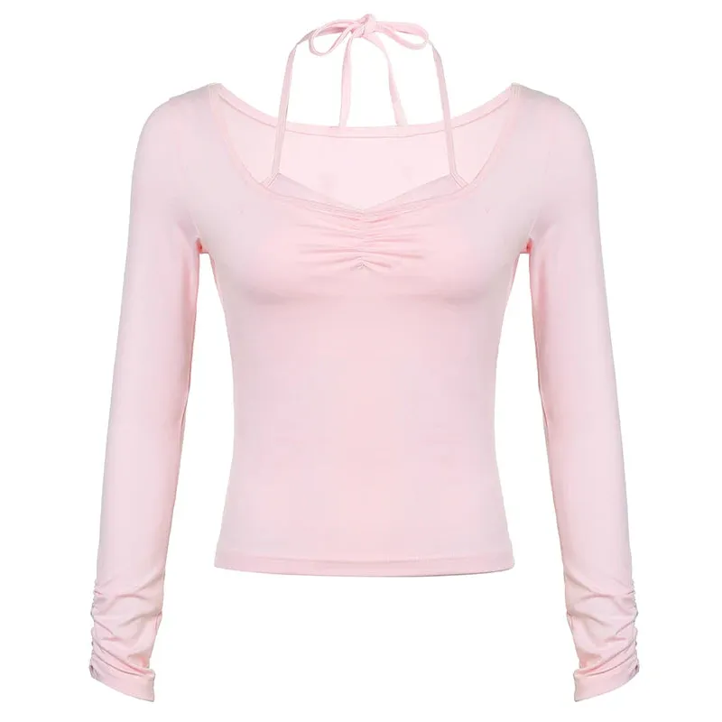 Hotsweet Folds Halter Neck Pink Women T-shirts Slim Long Sleeve Korean Girls Fall Top Tee Cute Coquette Y2K Outfits