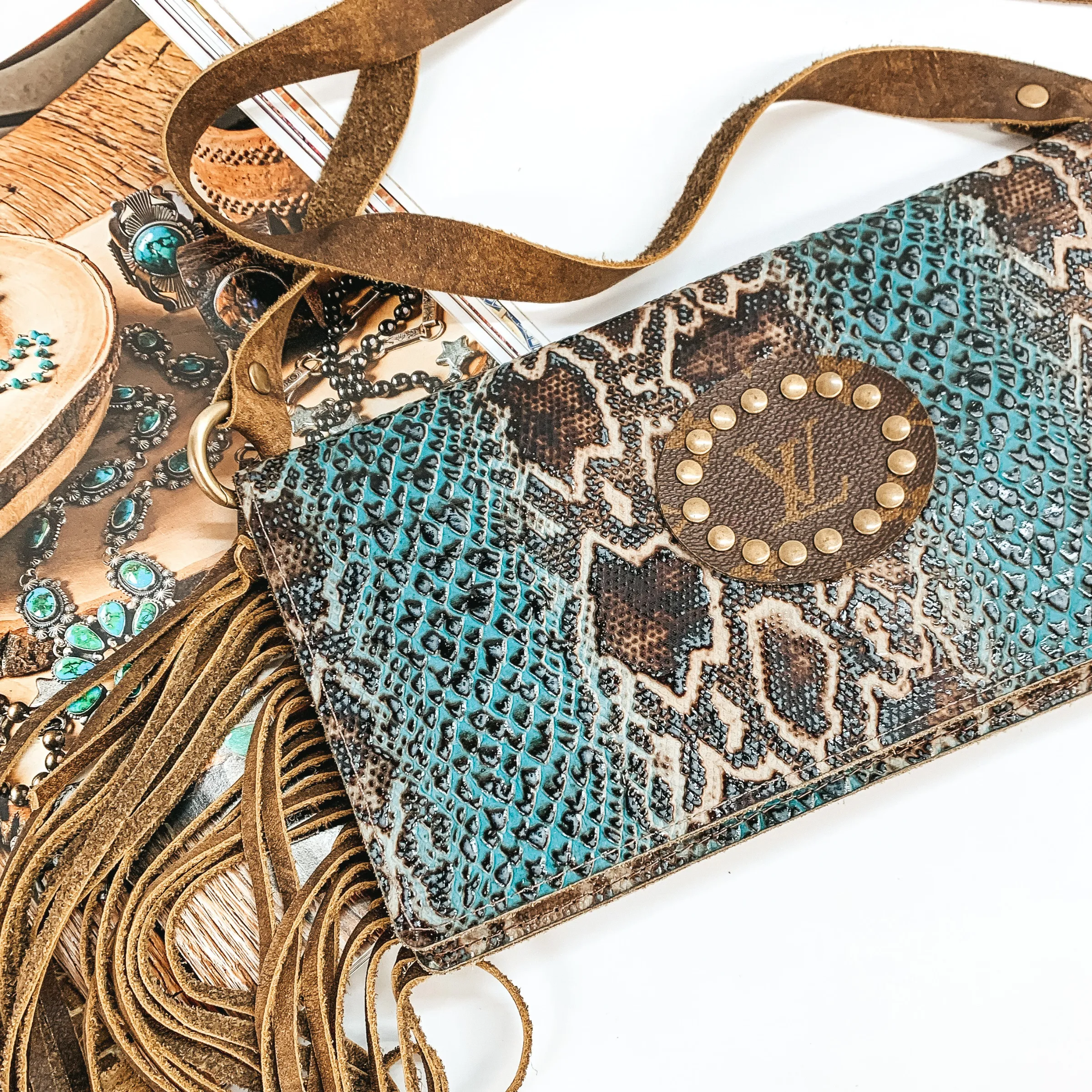 Keep It Gypsy | Rectangle Turquoise Snake Print Purse in Genuine Leather with Leather Fringe