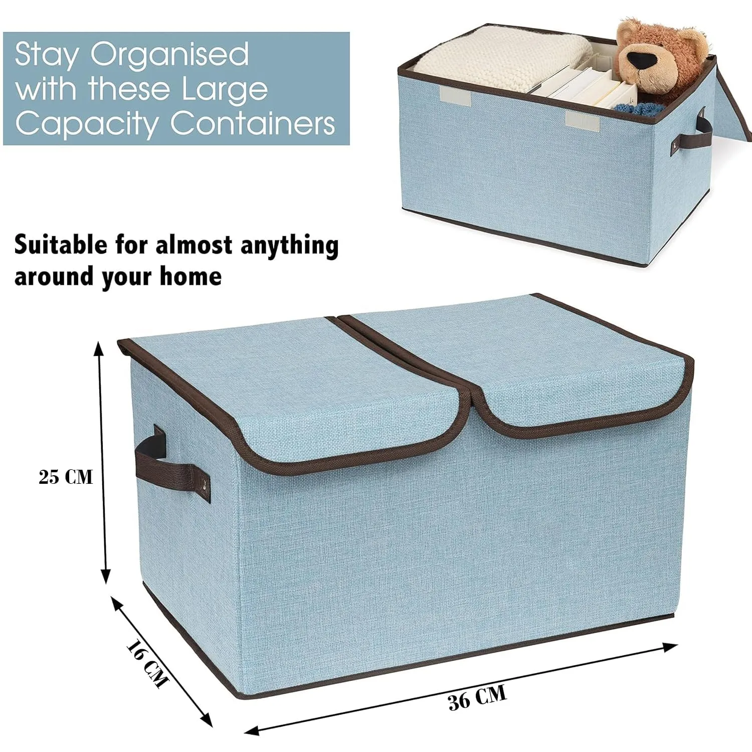 Kuber Industries Double Lid Foldable Storage Box|Toys Storage Bin|Wardrobe Organizer For Clothes|Front Handle & Stackable Pack Of-2 (Blue)