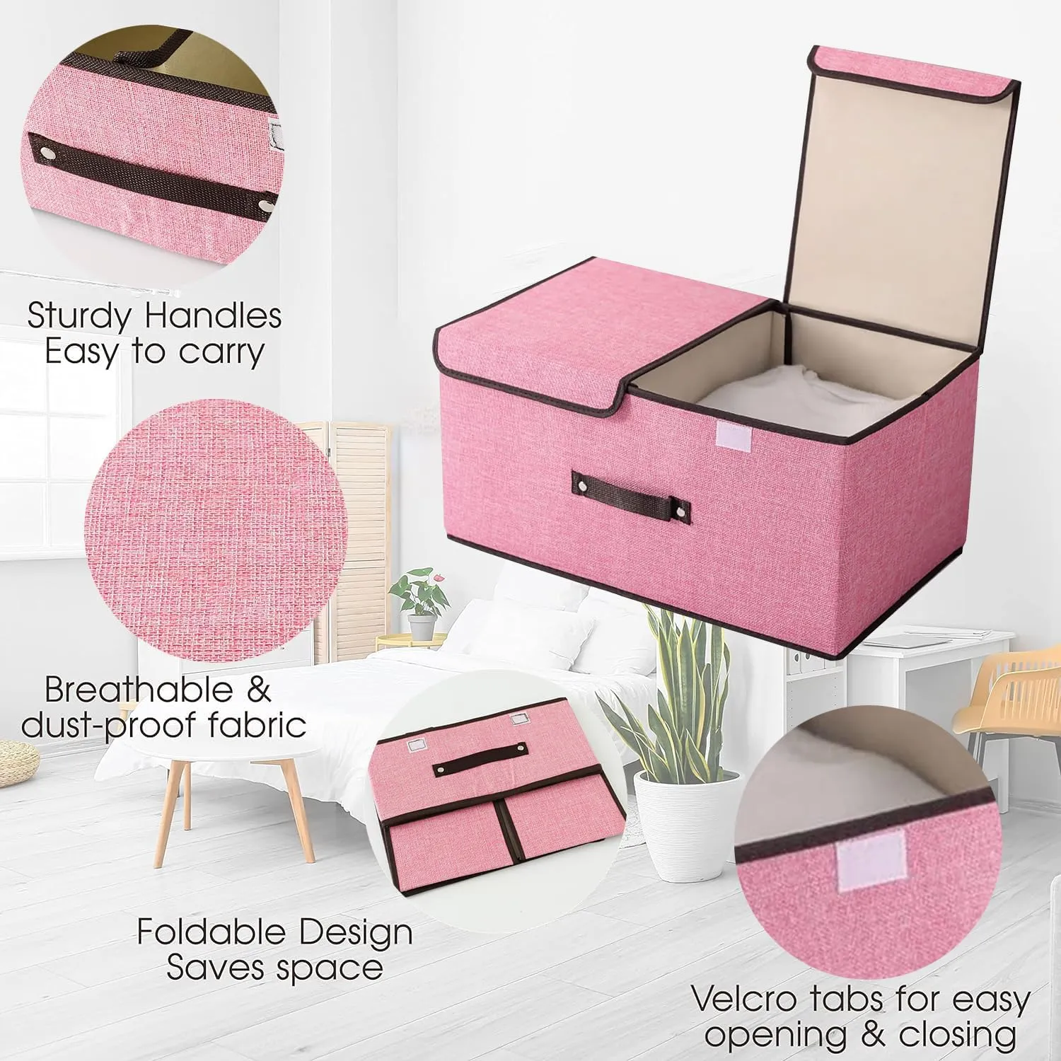 Kuber Industries Double Lid Foldable Storage Box|Toys Storage Bin|Wardrobe Organizer For Clothes|Front Handle & Stackable Pack Of-3 (Pink)