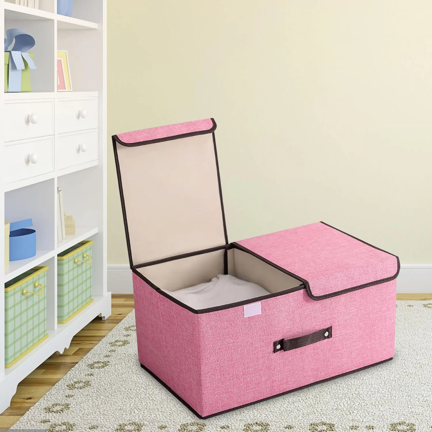 Kuber Industries Double Lid Foldable Storage Box|Toys Storage Bin|Wardrobe Organizer For Clothes|Front Handle & Stackable Pack Of-3 (Pink)