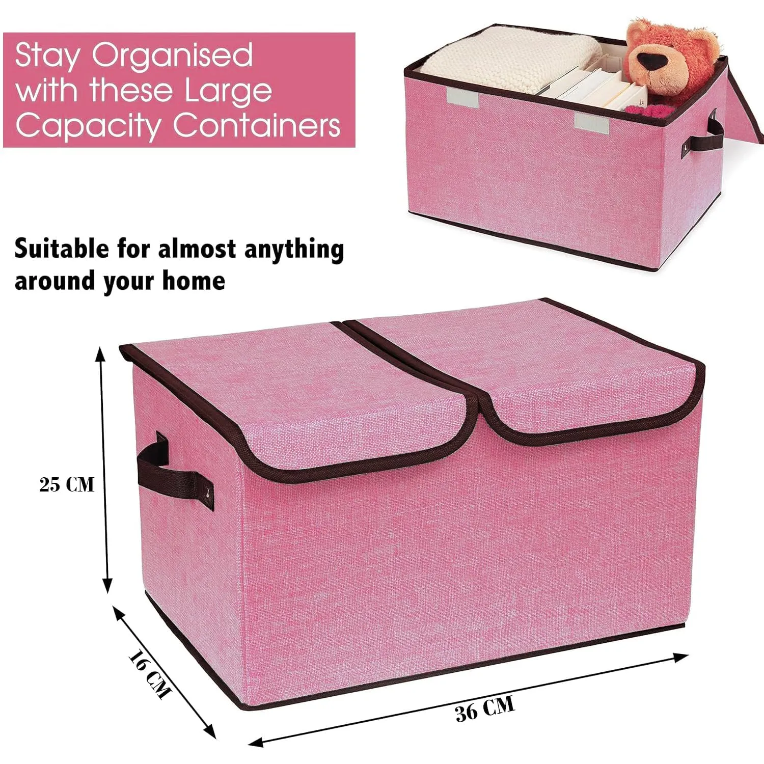 Kuber Industries Double Lid Foldable Storage Box|Toys Storage Bin|Wardrobe Organizer For Clothes|Front Handle & Stackable Pack Of-3 (Pink)