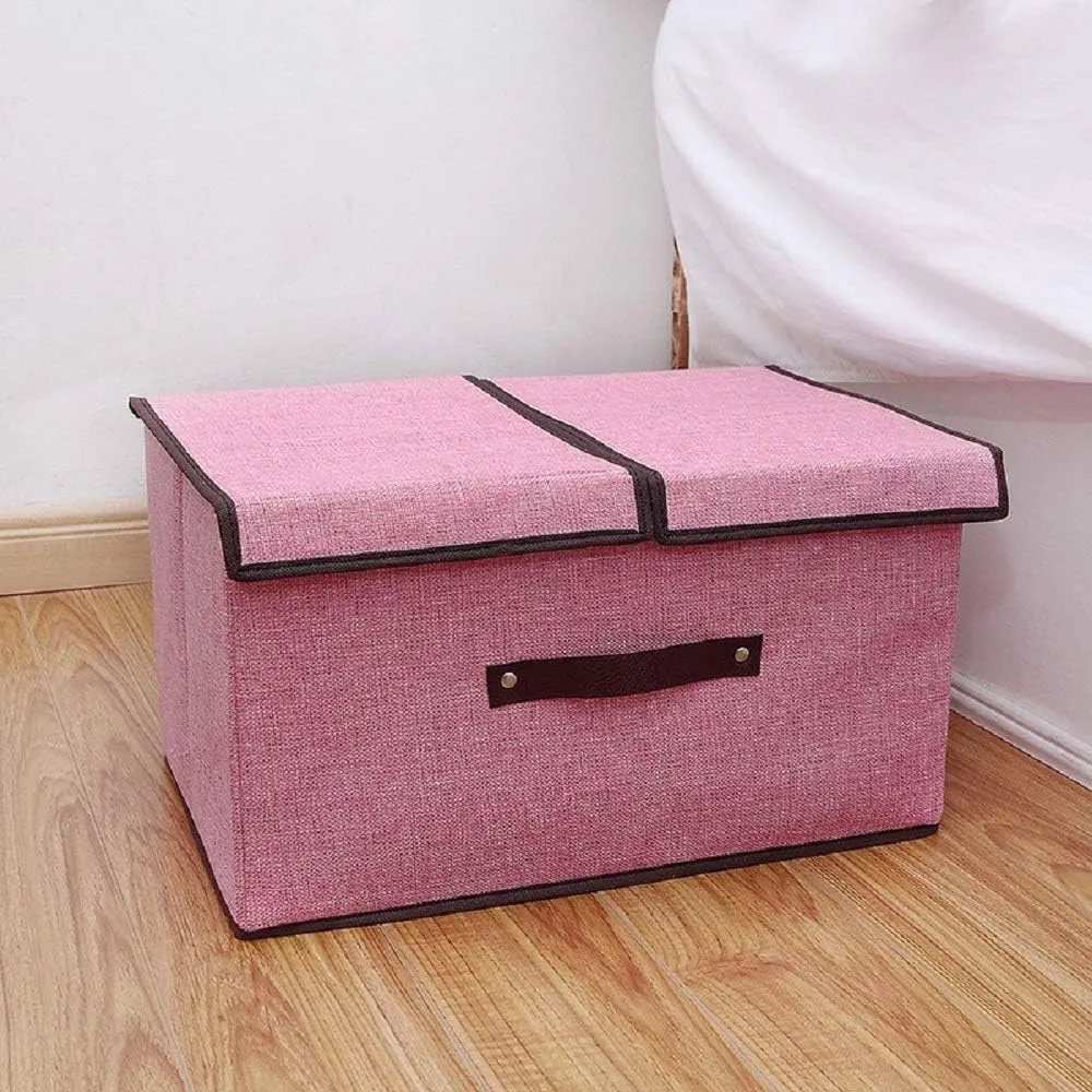 Kuber Industries Double Lid Foldable Storage Box|Toys Storage Bin|Wardrobe Organizer For Clothes|Front Handle & Stackable Pack Of-3 (Pink)