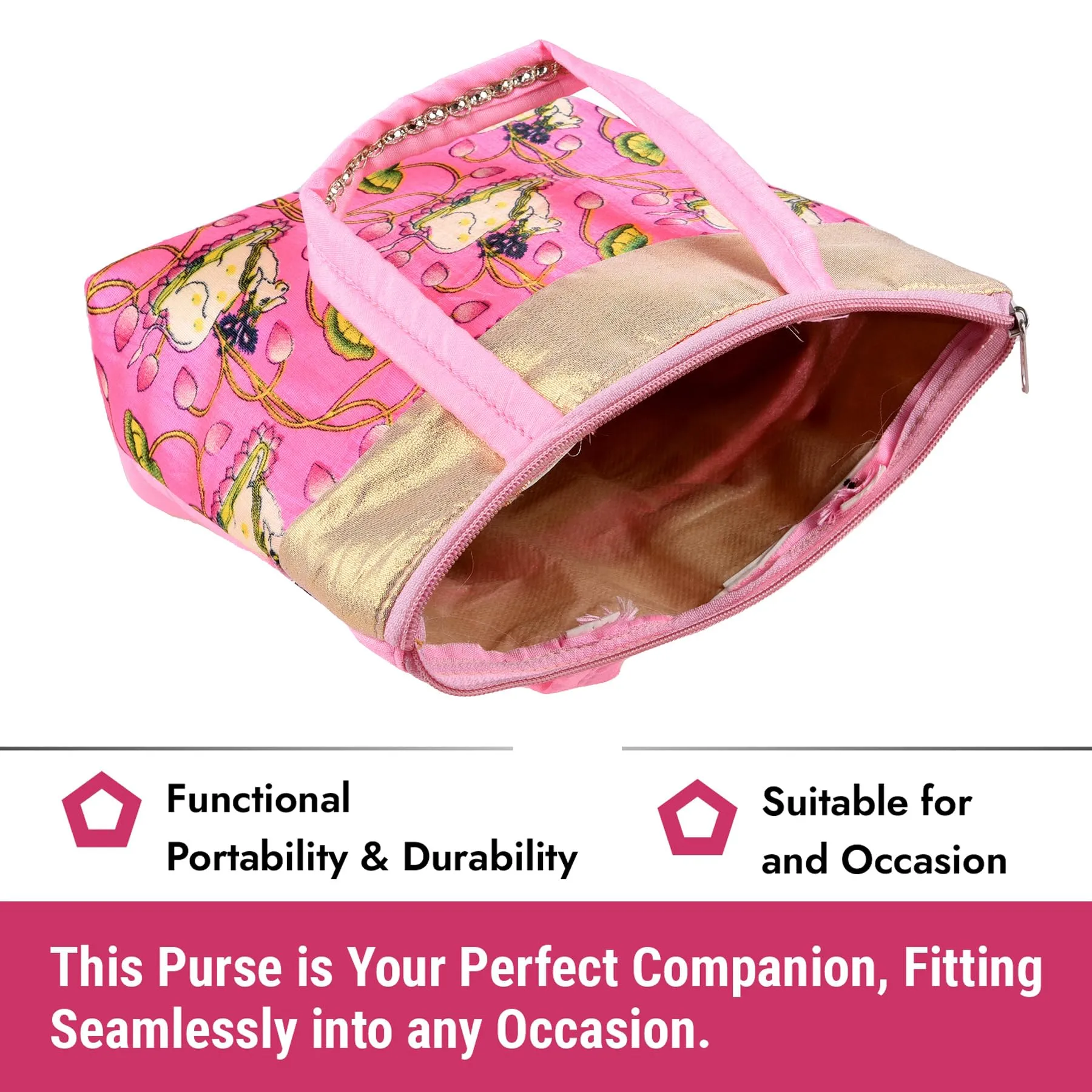 Kuber Industries Hand Purse|Traditional Mini Hand Bag|Silk Wallet Hand Bag|Shagun Hand Purse|Woman Tote Hand Bag|Gifts Hand Bag|Cow-Small Hand Purse|Pack of 2|Pink