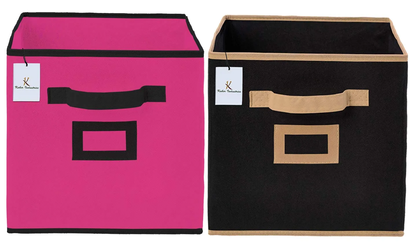 Kuber Industries Non Woven 2 Pieces Small Foldable Storage Organiser Cubes/Boxes (Black & Pink) - CTKTC035167