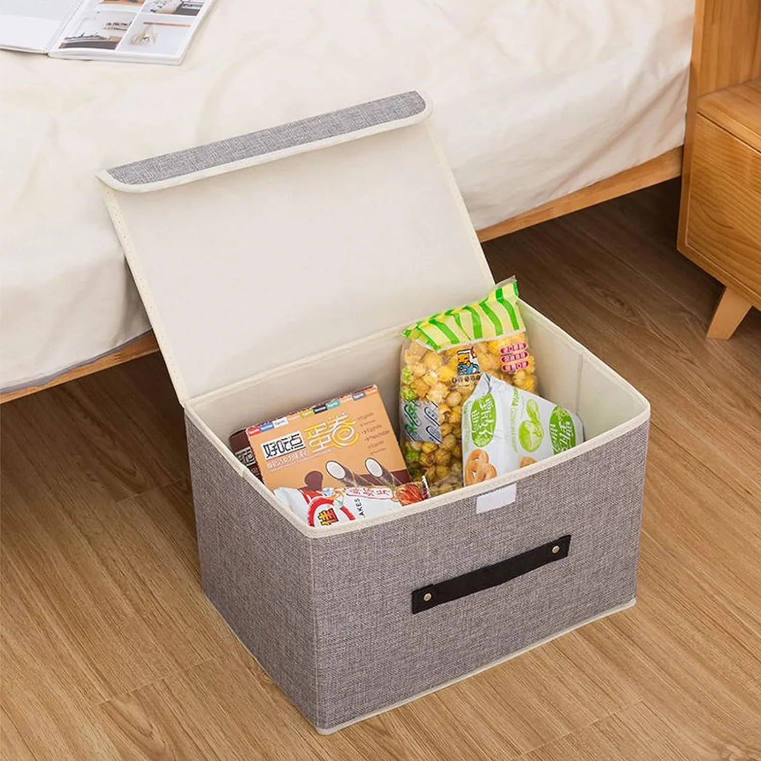 Kuber Industries Small Storage Box With Lid|Foldable Toys Storage Bin|Wardrobe Organizer For clothes|Front Handle & Sturdy Pack Of-4 (Grey)