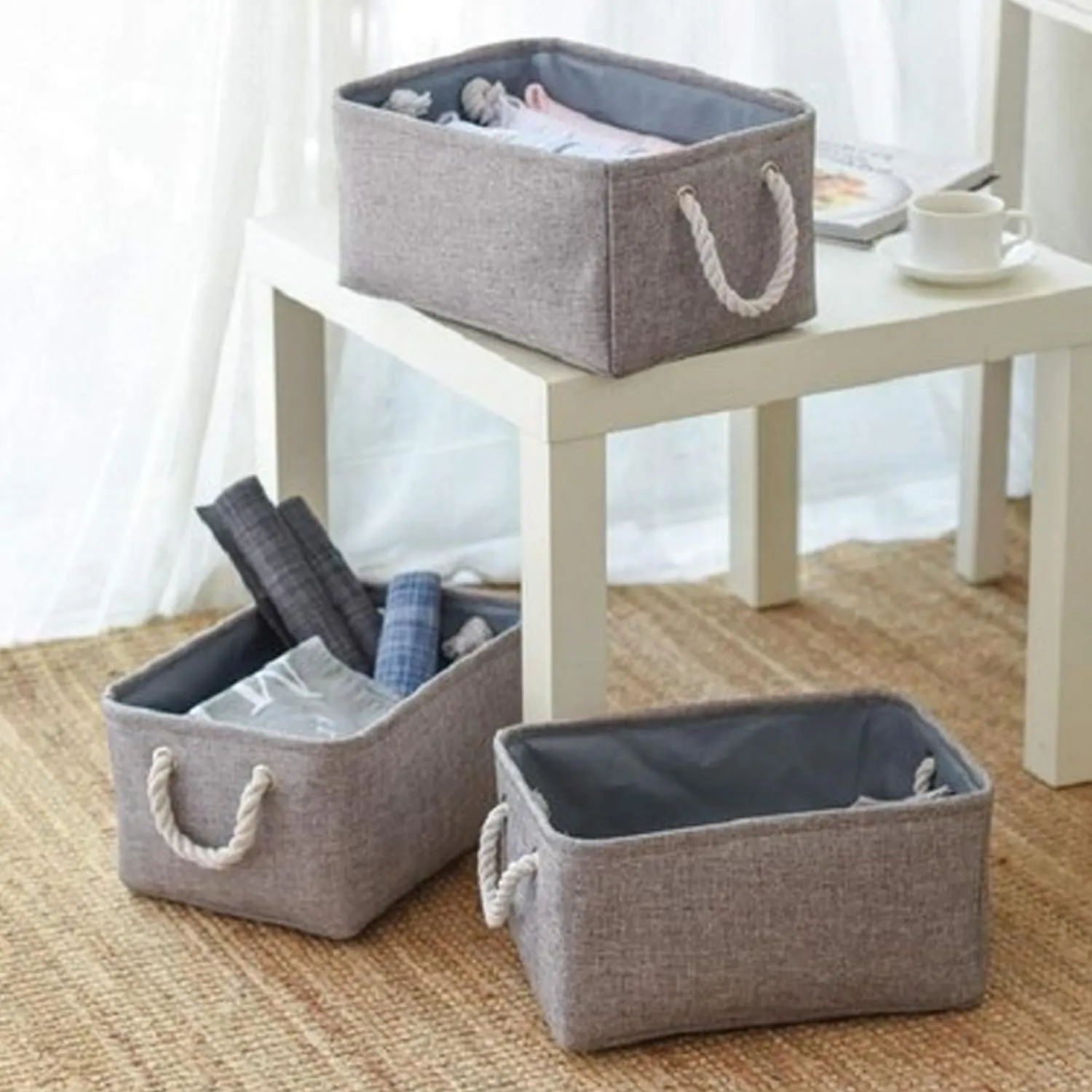 Kuber Industries Stackable Storage Basket|Foldable Toy Storage Bin|Wardrobe Organizer for Clothes|3 Different Sizes (Grey) (Pack of 3)