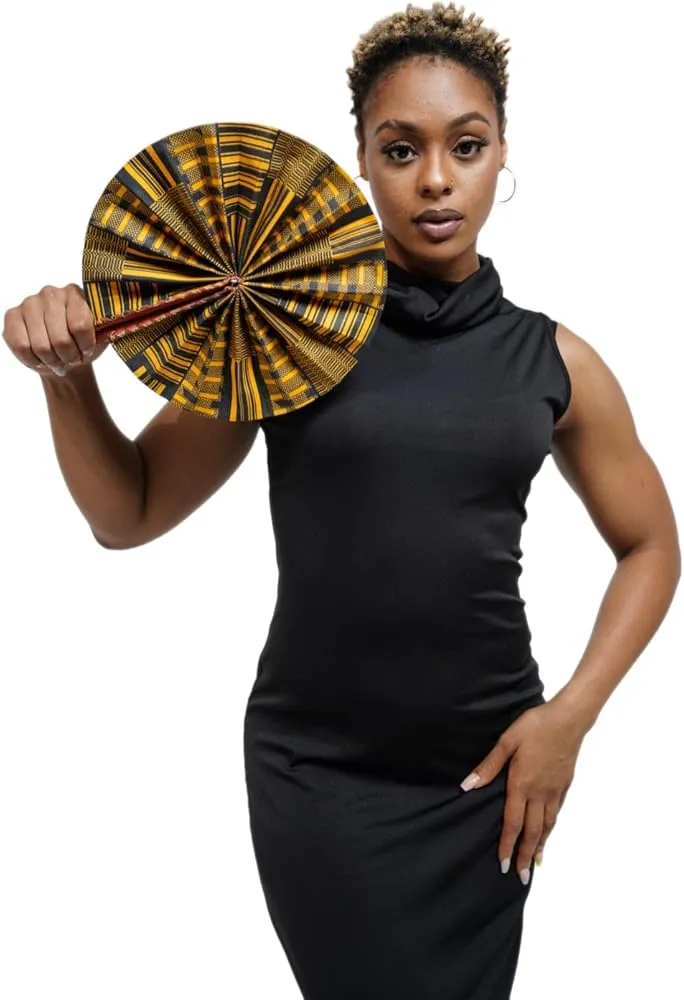 Kwasi Foldable Black and Gold African Print Ankara Kente Fan with Leather Handle DPPF4091