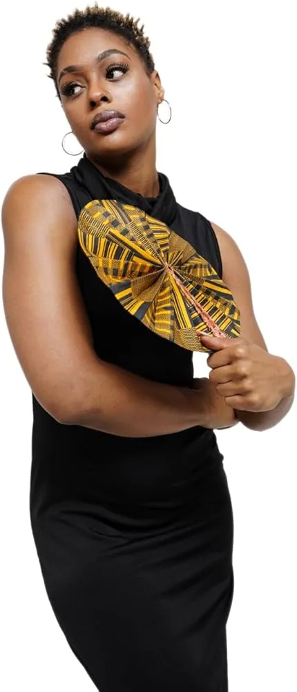 Kwasi Foldable Black and Gold African Print Ankara Kente Fan with Leather Handle DPPF4091