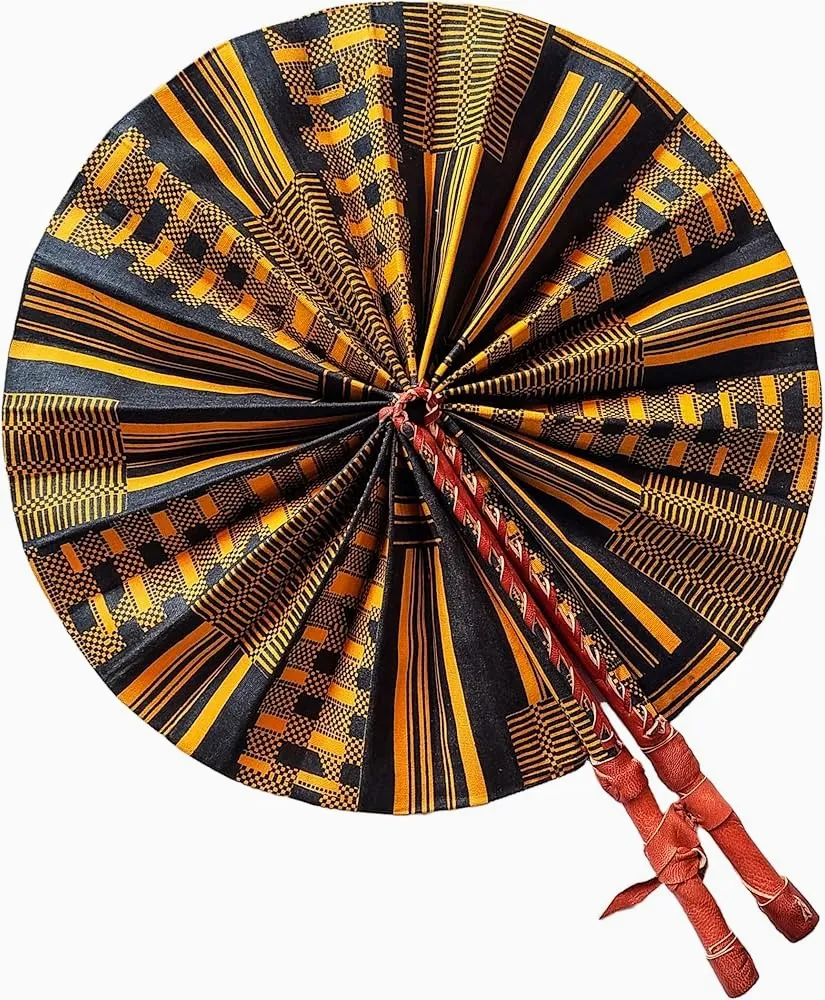 Kwasi Foldable Black and Gold African Print Ankara Kente Fan with Leather Handle DPPF4091