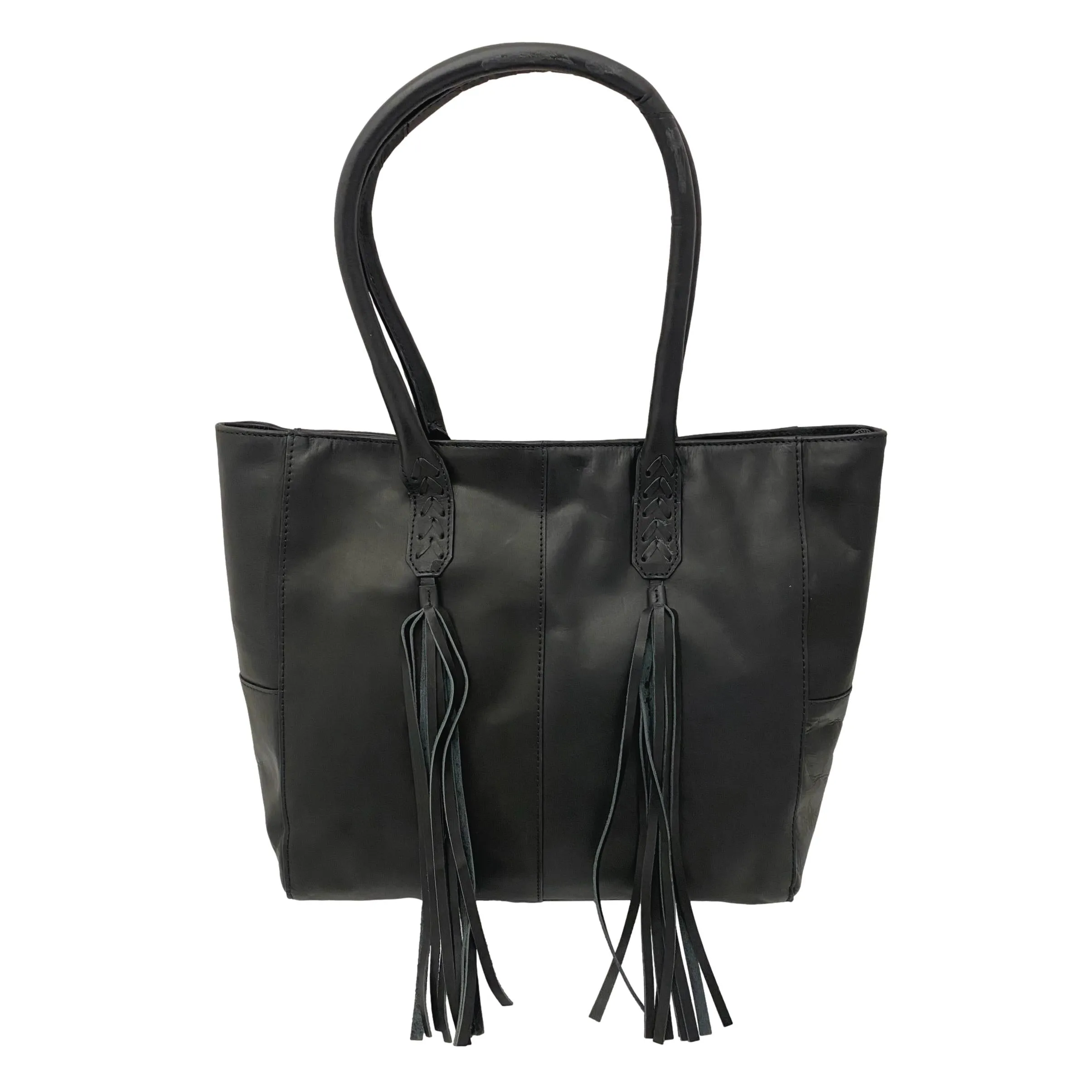 Leather Tote with Tassels - Black - Tan