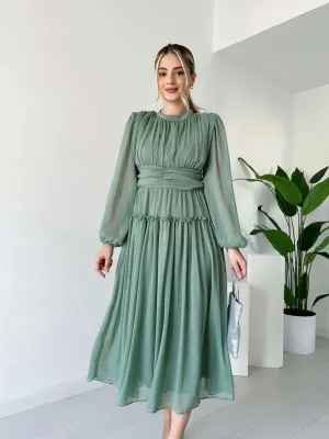 Long Sleeve Lined Chiffon Dress - Green