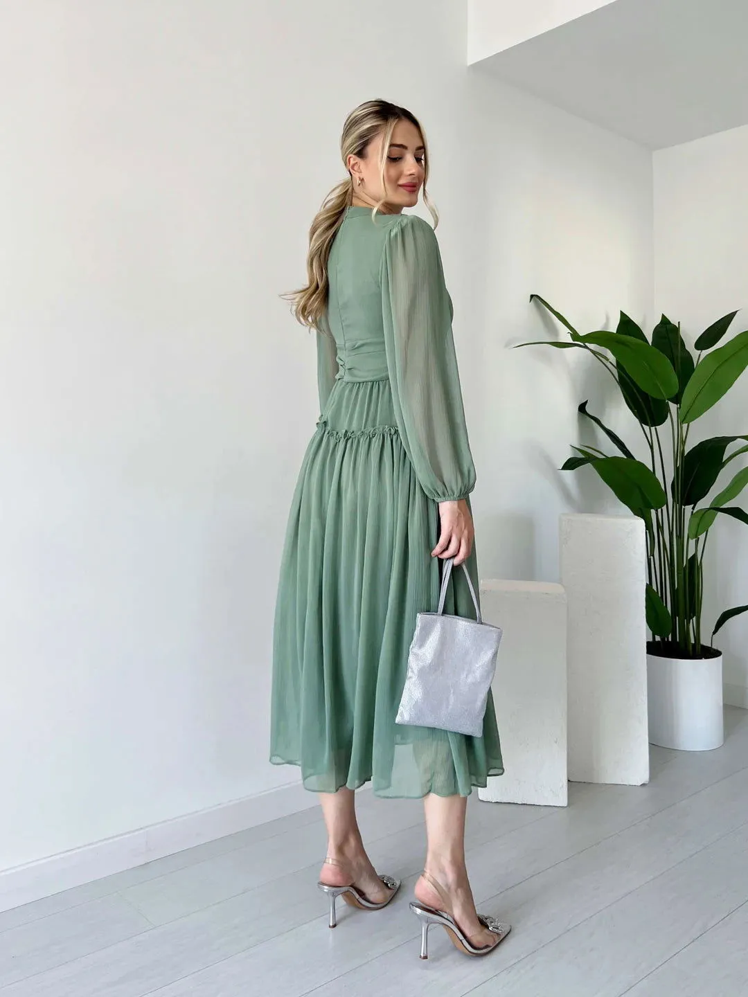 Long Sleeve Lined Chiffon Dress - Green