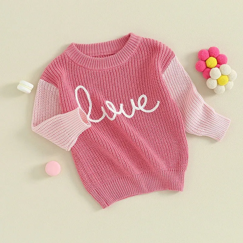 Love Embroidery Knit Contrast Pullover