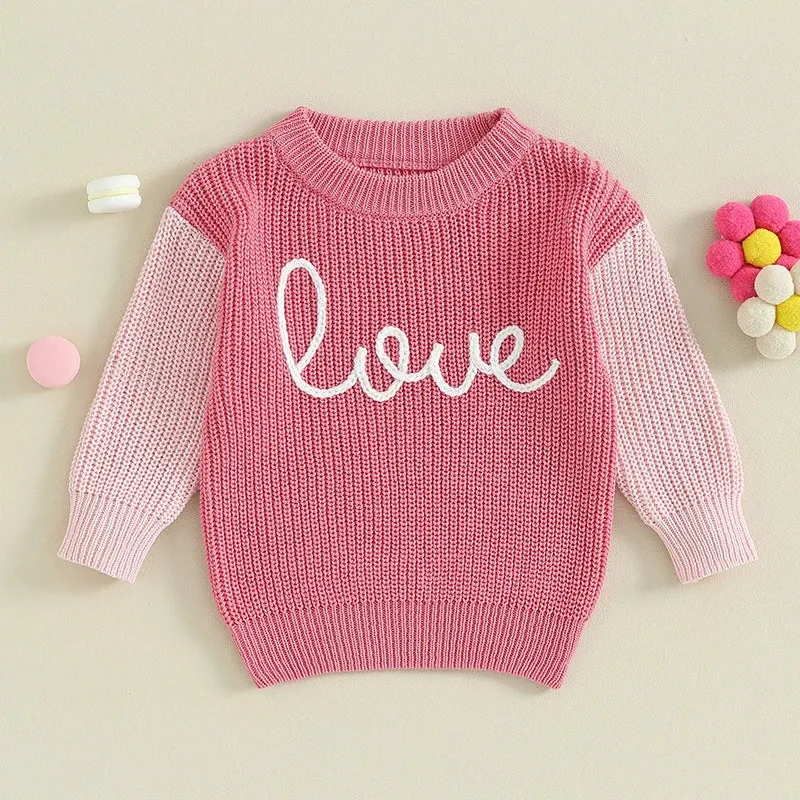 Love Embroidery Knit Contrast Pullover