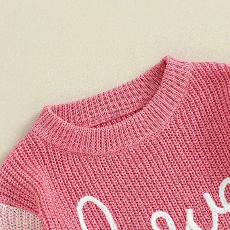 Love Embroidery Knit Contrast Pullover