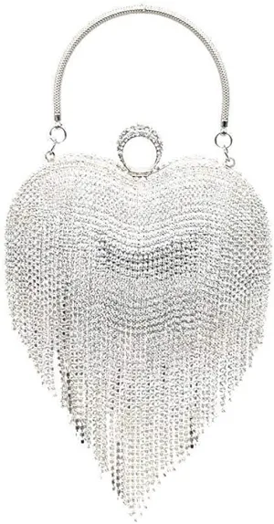 Luxury Silver 1 Heart Shape Tassel Rhinestones Party Clutch Bag/Purse/Handbag