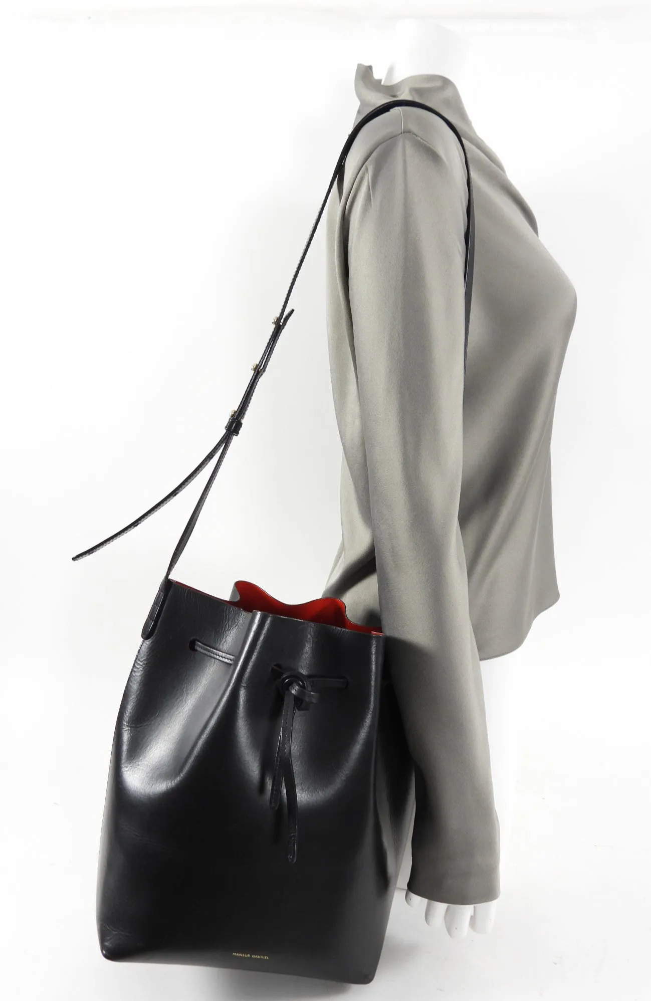 Mansur Gavriel Black and Red Drawstring Bucket Bag