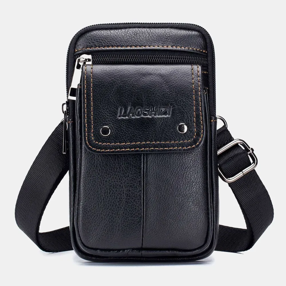 Men Genuine Leather Large Capacity Anti-theft Vintage 5.5 Inch Phone Bag Waist Crossbody Shoulder