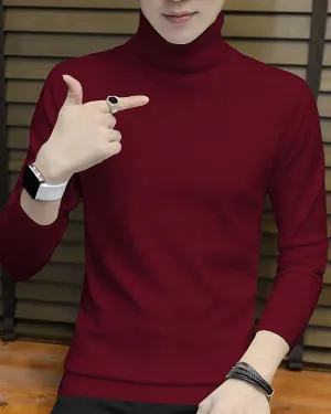 Men High Neck Maroon Full Sleeve Plain T-shirt