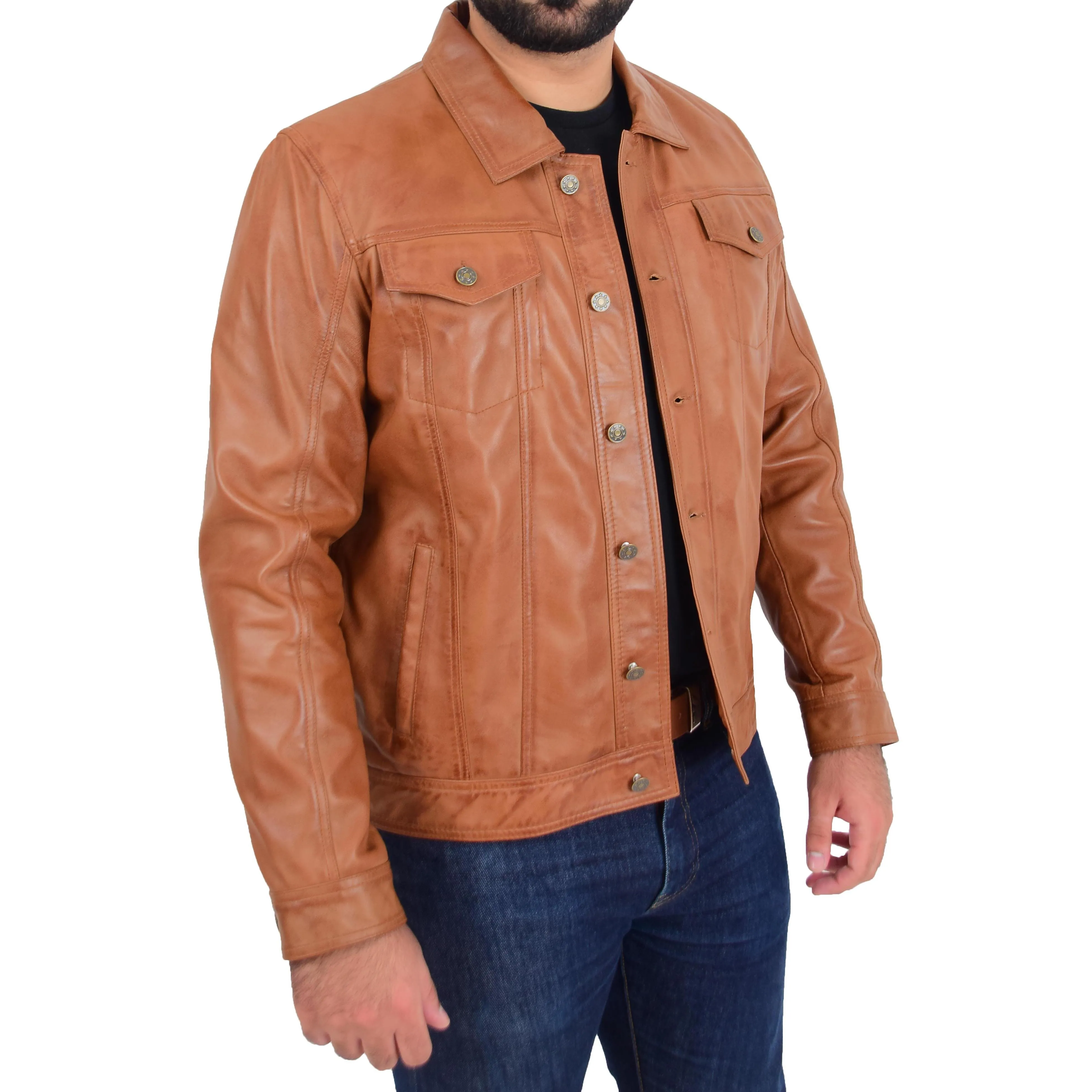 Mens Trucker Soft Leather Jacket Western Denim Style Bond Tan