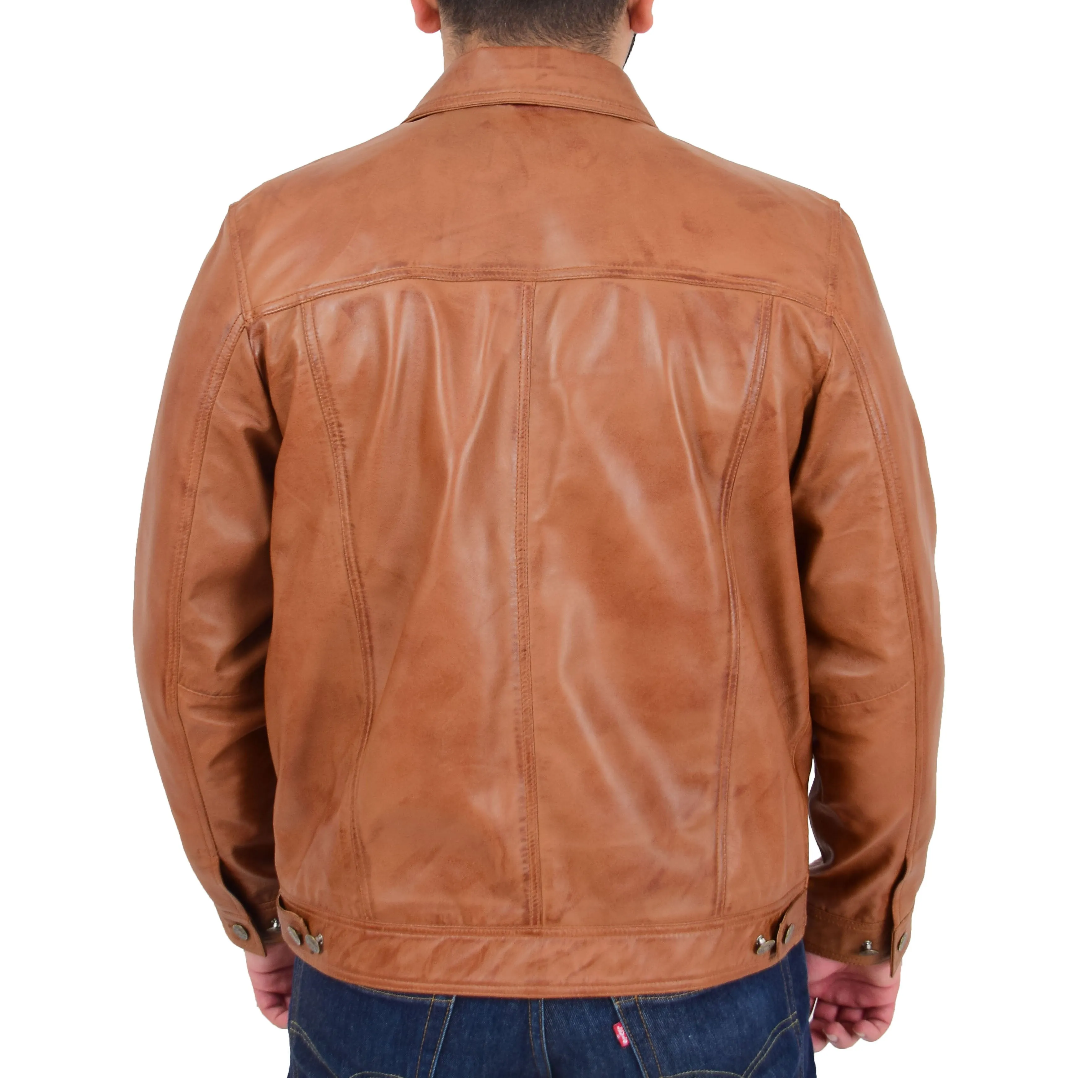 Mens Trucker Soft Leather Jacket Western Denim Style Bond Tan