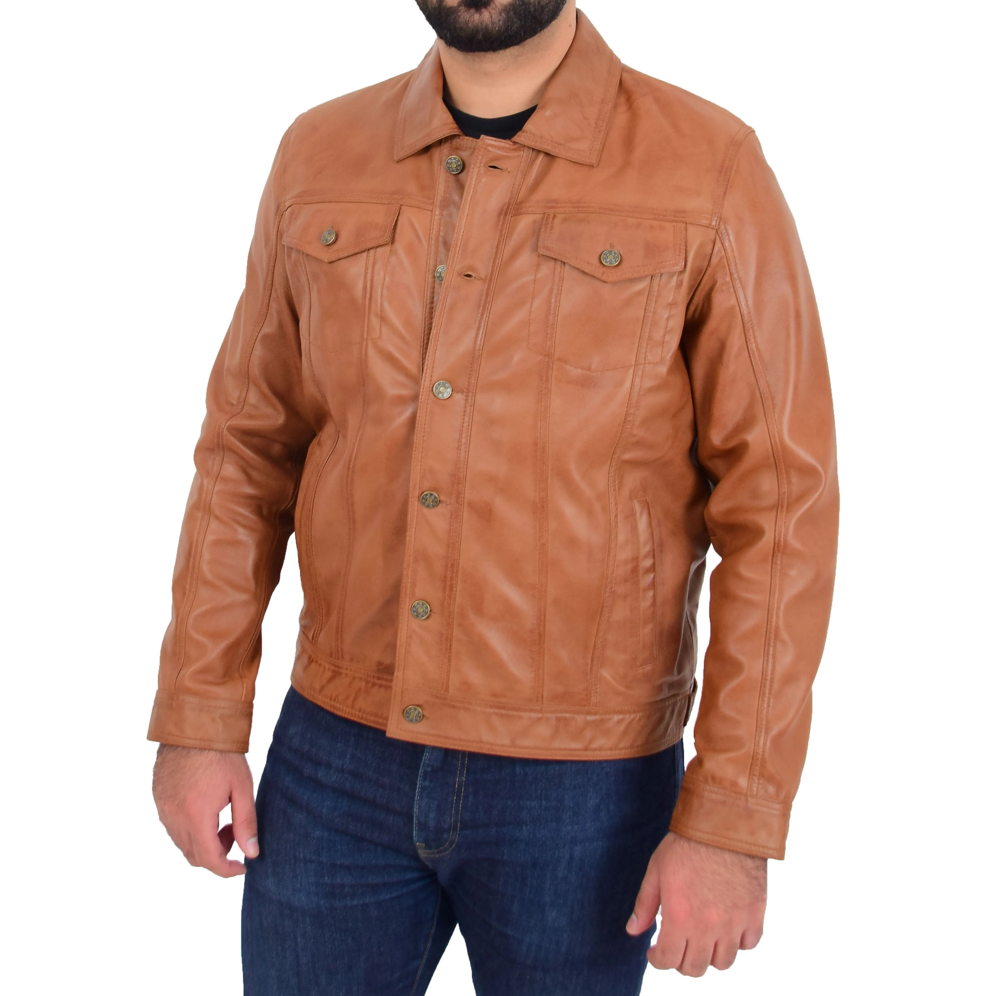 Mens Trucker Soft Leather Jacket Western Denim Style Bond Tan