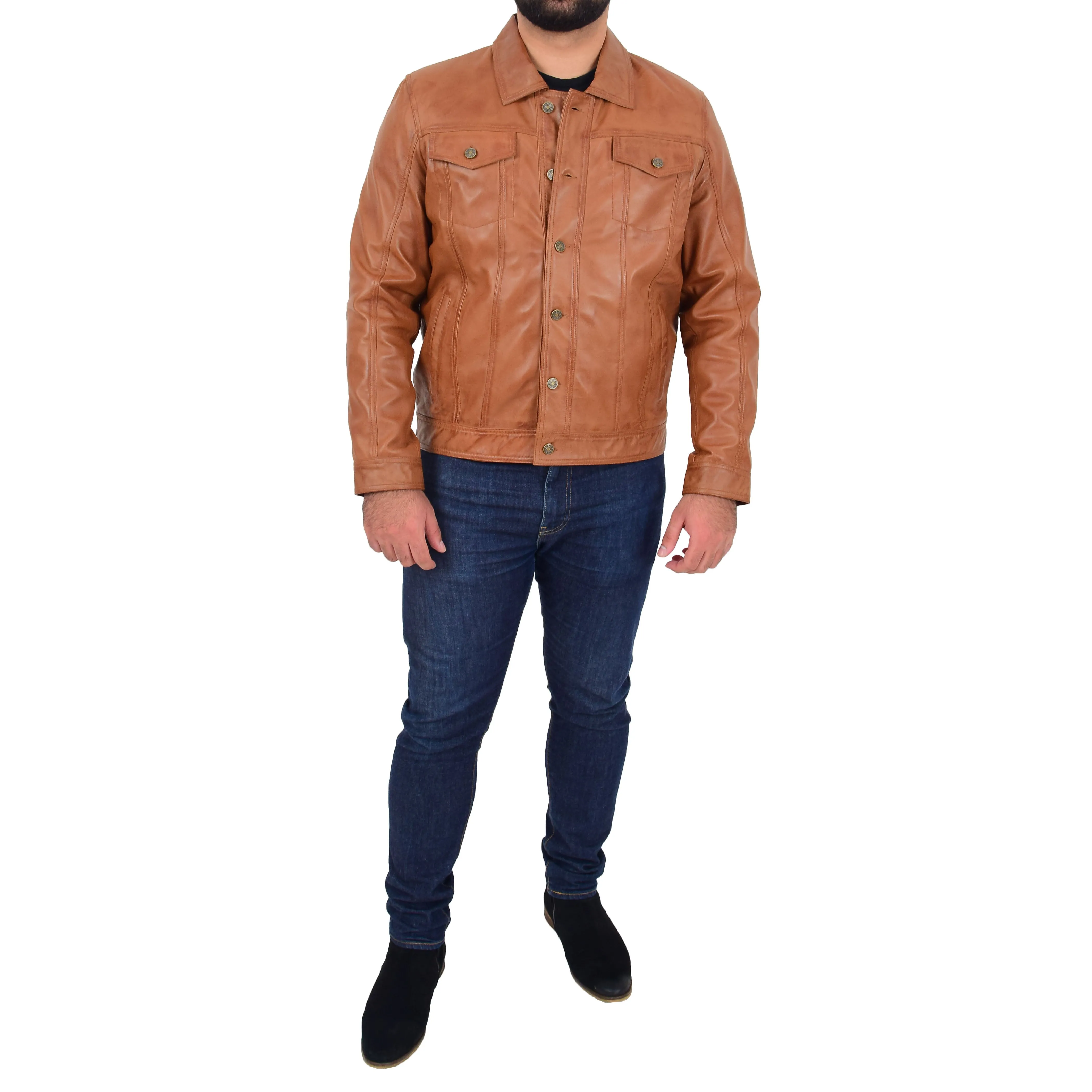 Mens Trucker Soft Leather Jacket Western Denim Style Bond Tan