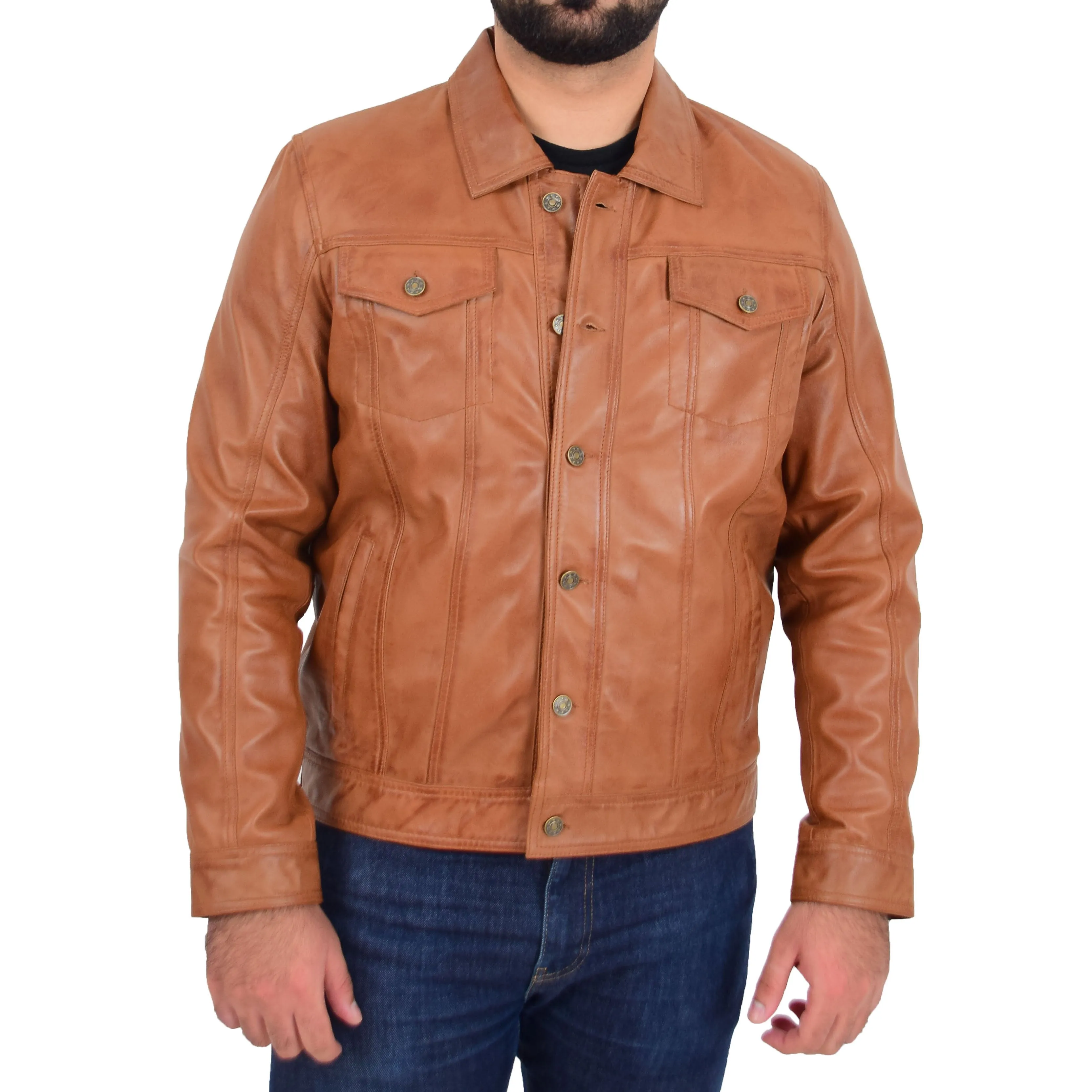 Mens Trucker Soft Leather Jacket Western Denim Style Bond Tan