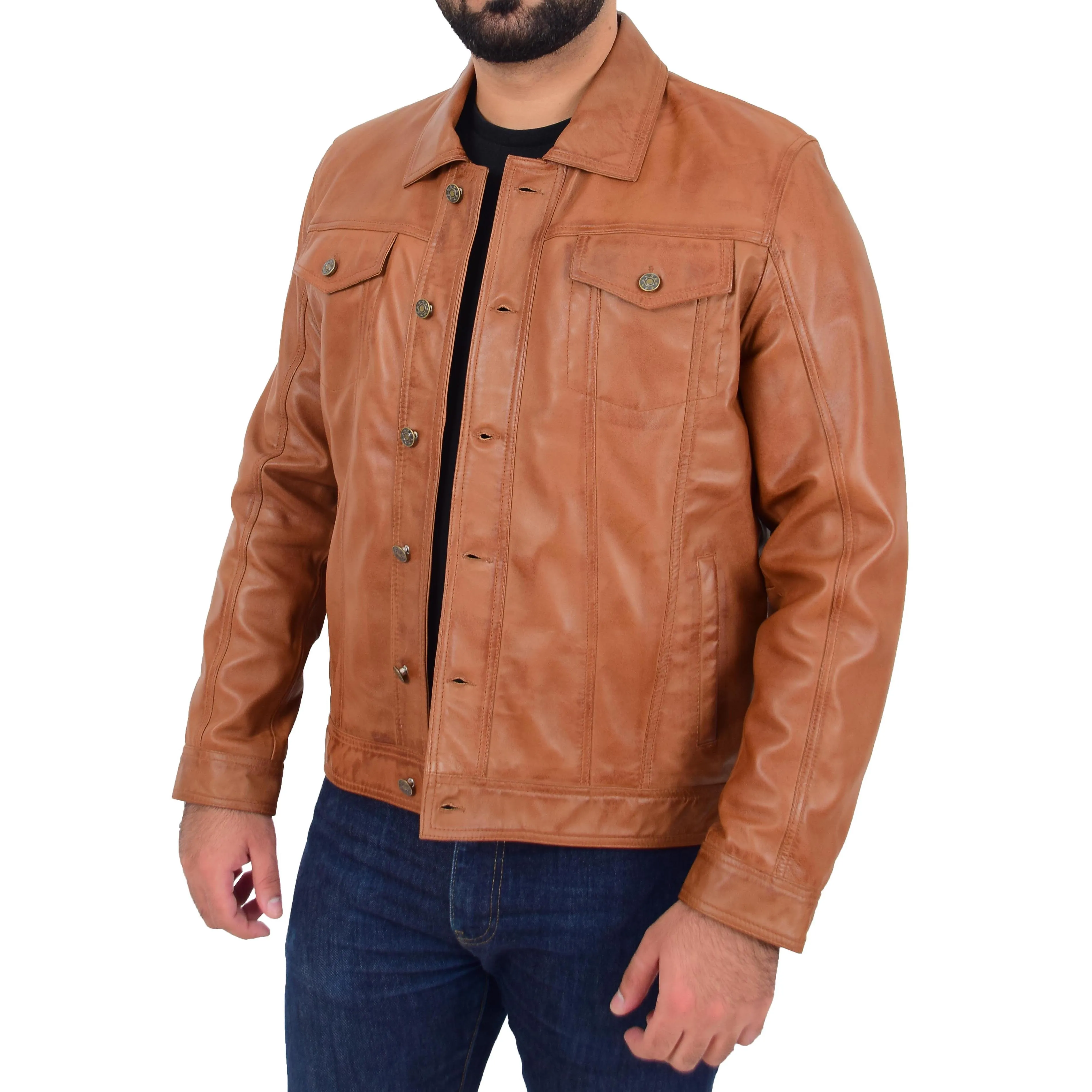 Mens Trucker Soft Leather Jacket Western Denim Style Bond Tan