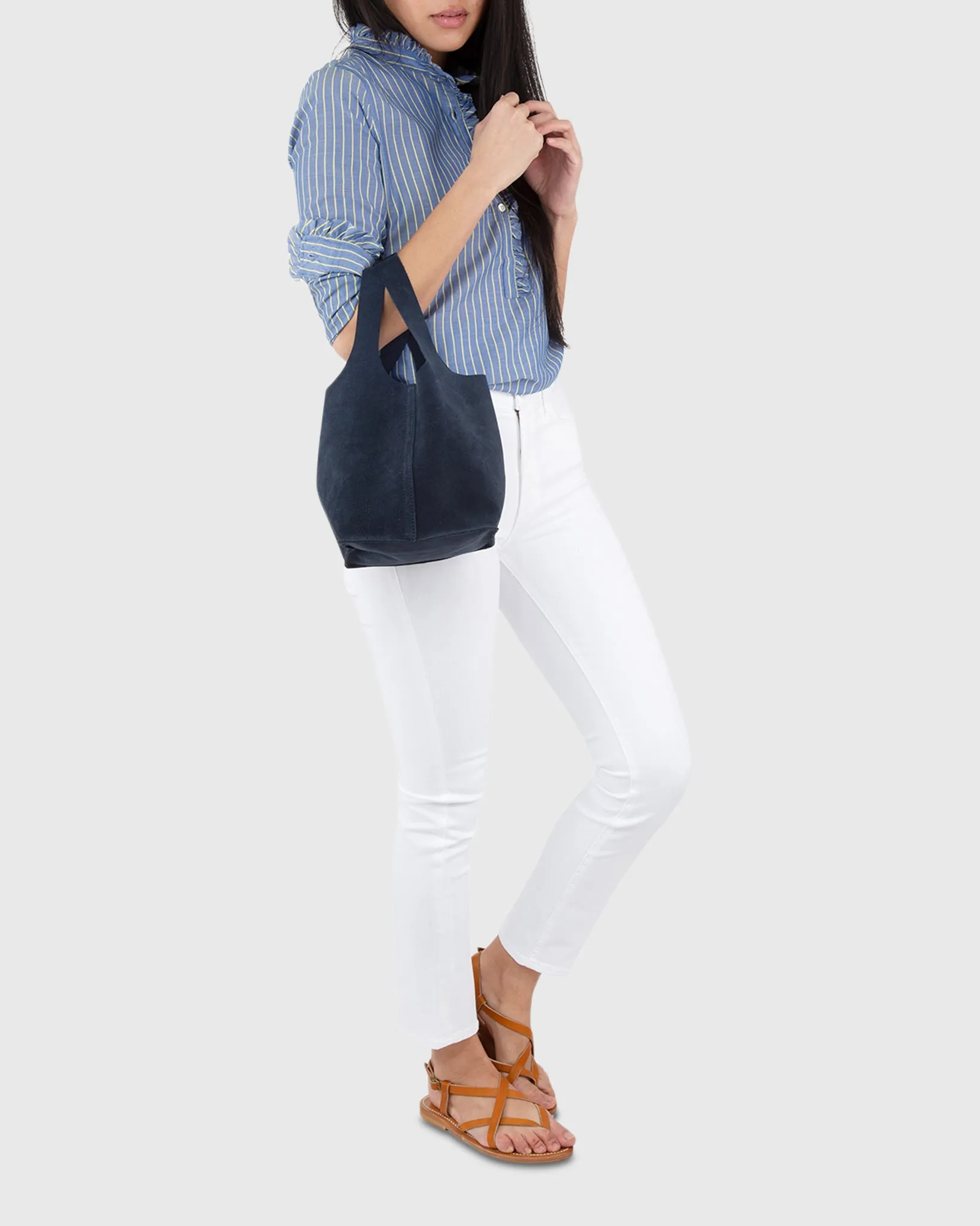 Paola Bucket Bag in Navy Suede