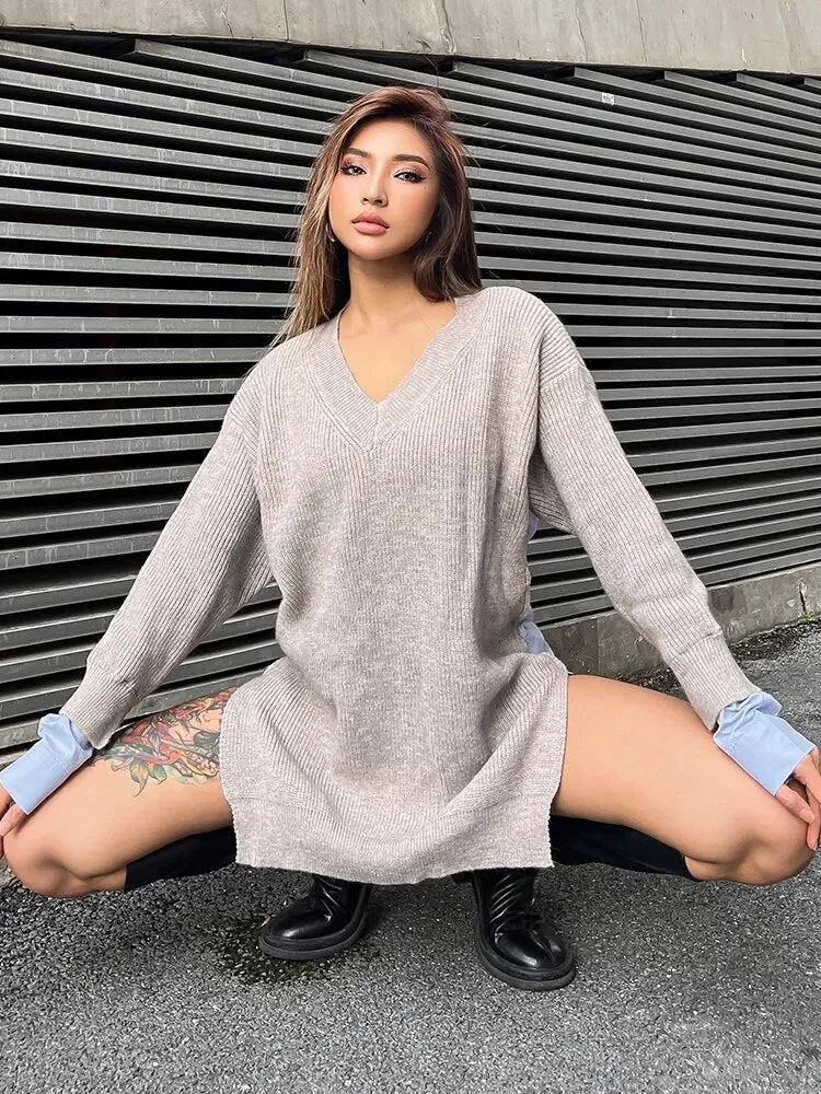 Patchwork Colorblock Sweater For Women V Neck Long Sleeve Loose Straight Knitting Pullover Female Fashion Clothing