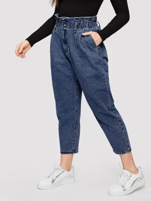 Plain Paper Bag Waist High Waist Cropped Plus Size Jeans