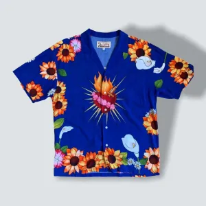 PLEASURES ‘Gangster’ Blue short sleeve shirt button up (L)