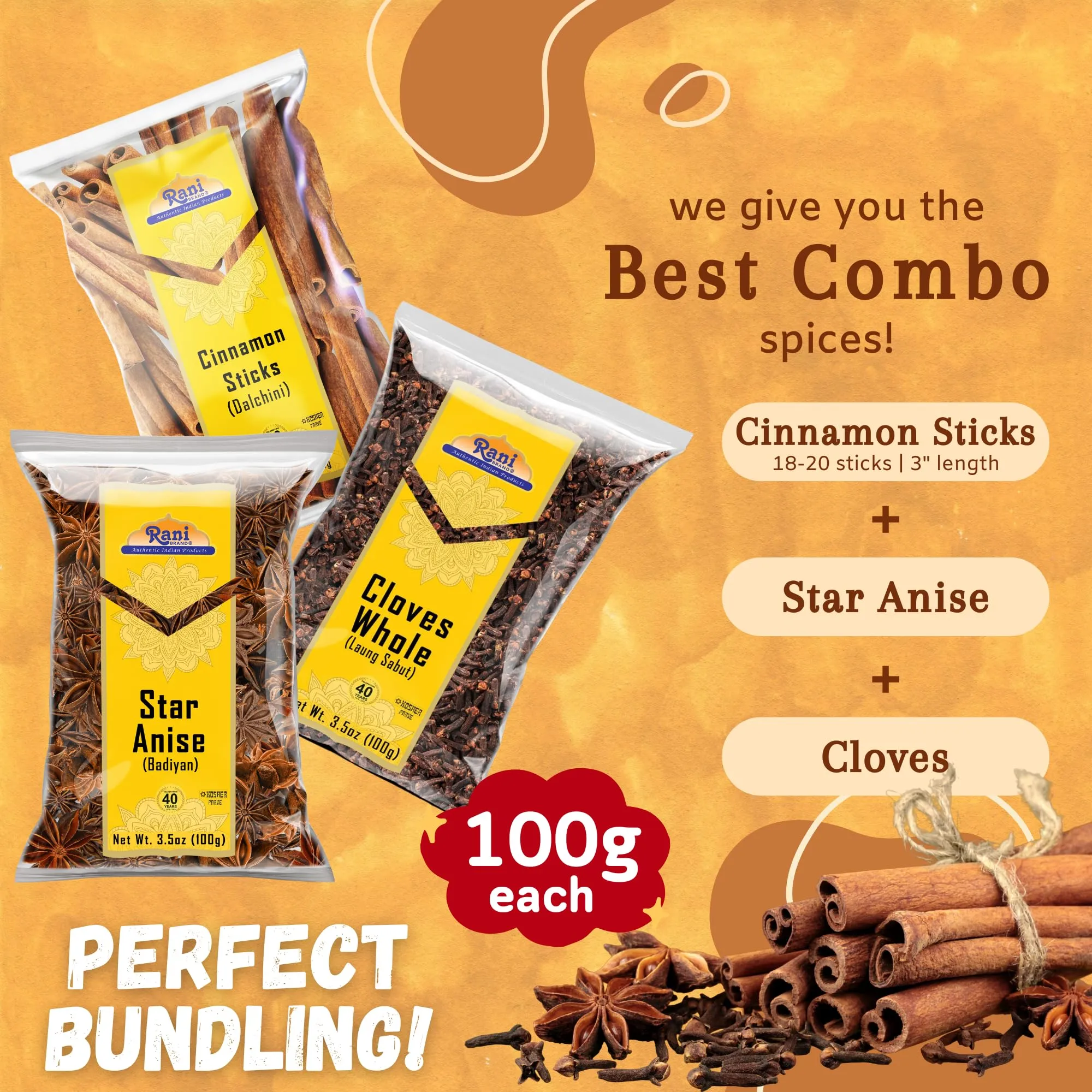 Rani Cinnamon Sticks, Star Anise & Whole Cloves 3.5oz (100g) Pack of 3 ~ Perfect for Baking, Cooking & Beverages ~ All Natural | Gluten Friendly | NON-GMO | Kosher | Vegan | Indian Origin