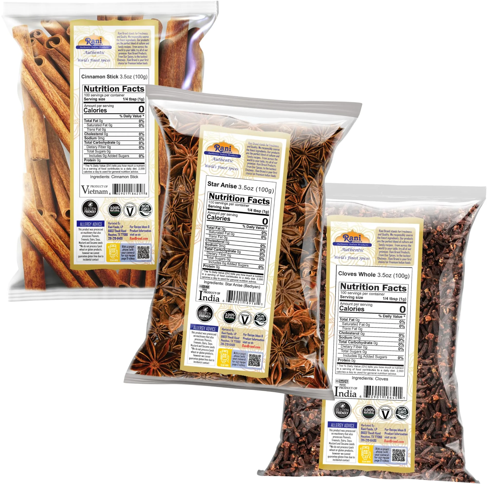 Rani Cinnamon Sticks, Star Anise & Whole Cloves 3.5oz (100g) Pack of 3 ~ Perfect for Baking, Cooking & Beverages ~ All Natural | Gluten Friendly | NON-GMO | Kosher | Vegan | Indian Origin