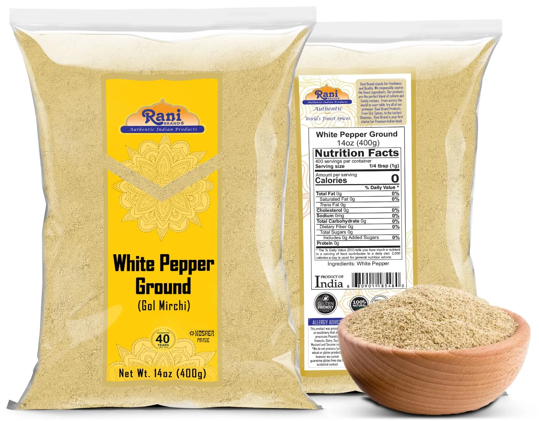 Rani White Pepper (Gol Mirch), Ground Spice 14oz (400g) ~ All Natural | Vegan | Gluten Friendly | NON-GMO | Kosher | Indian Origin