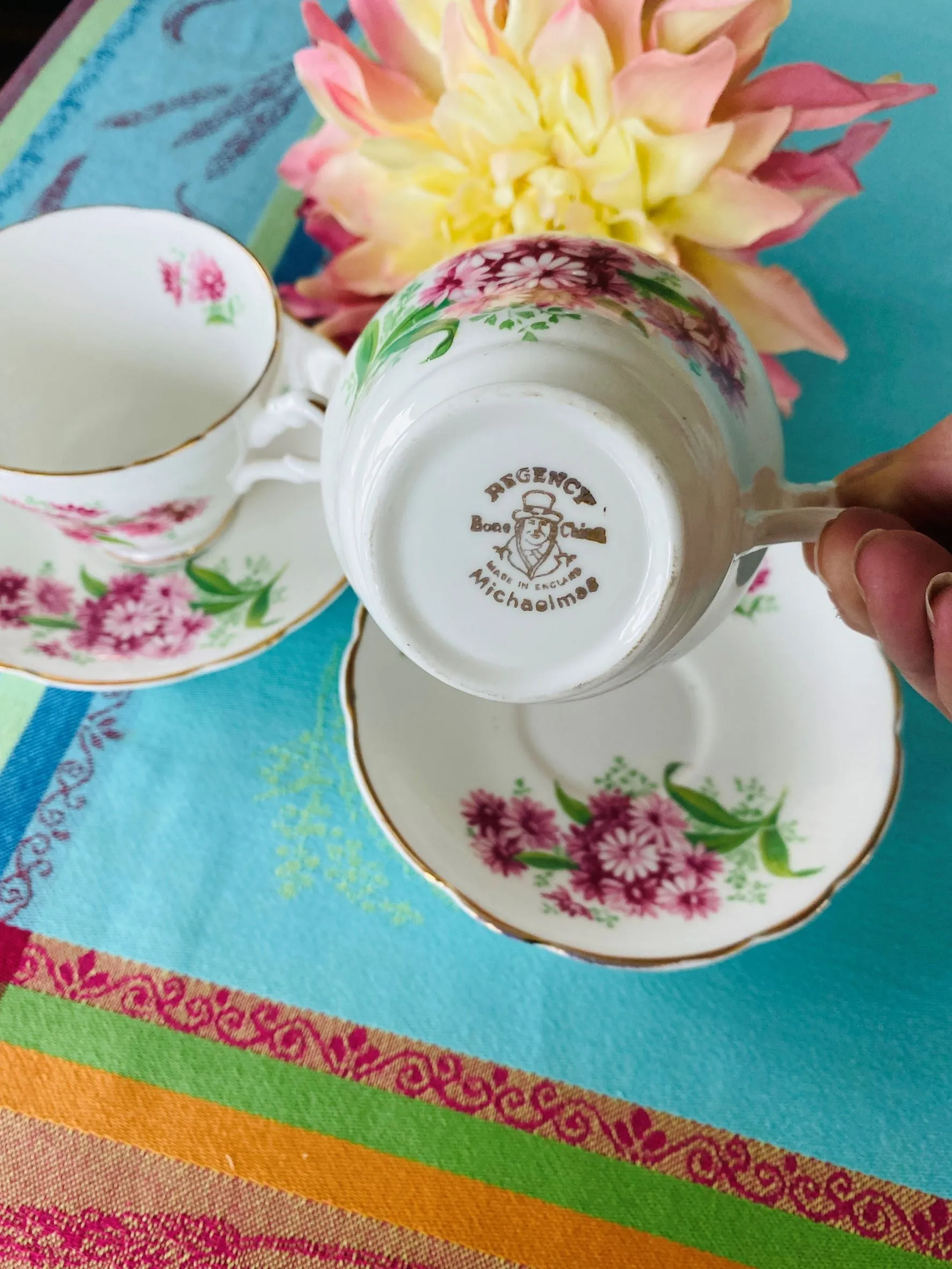 Regency Bone china teacups and Saucers, Pair, Michaelmas Pattern, England