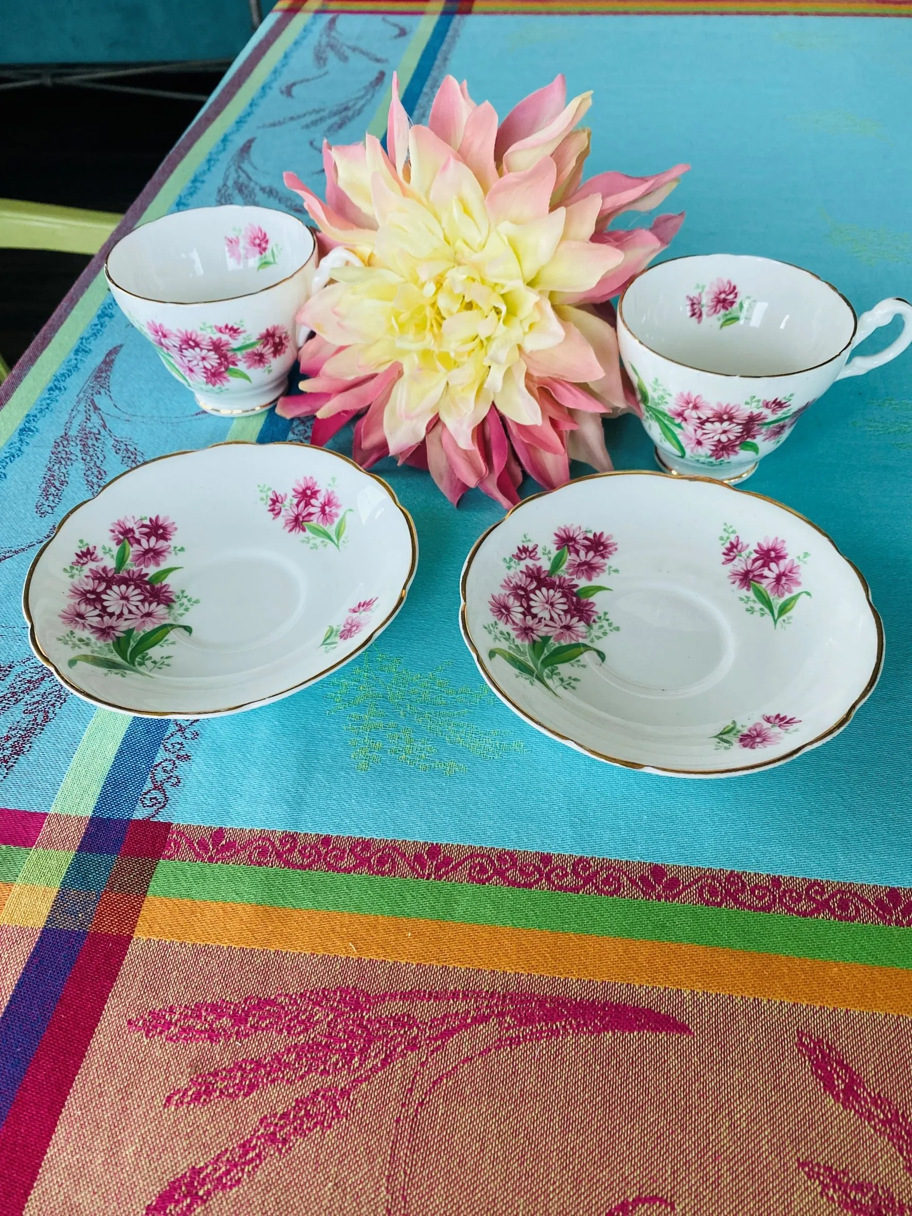 Regency Bone china teacups and Saucers, Pair, Michaelmas Pattern, England