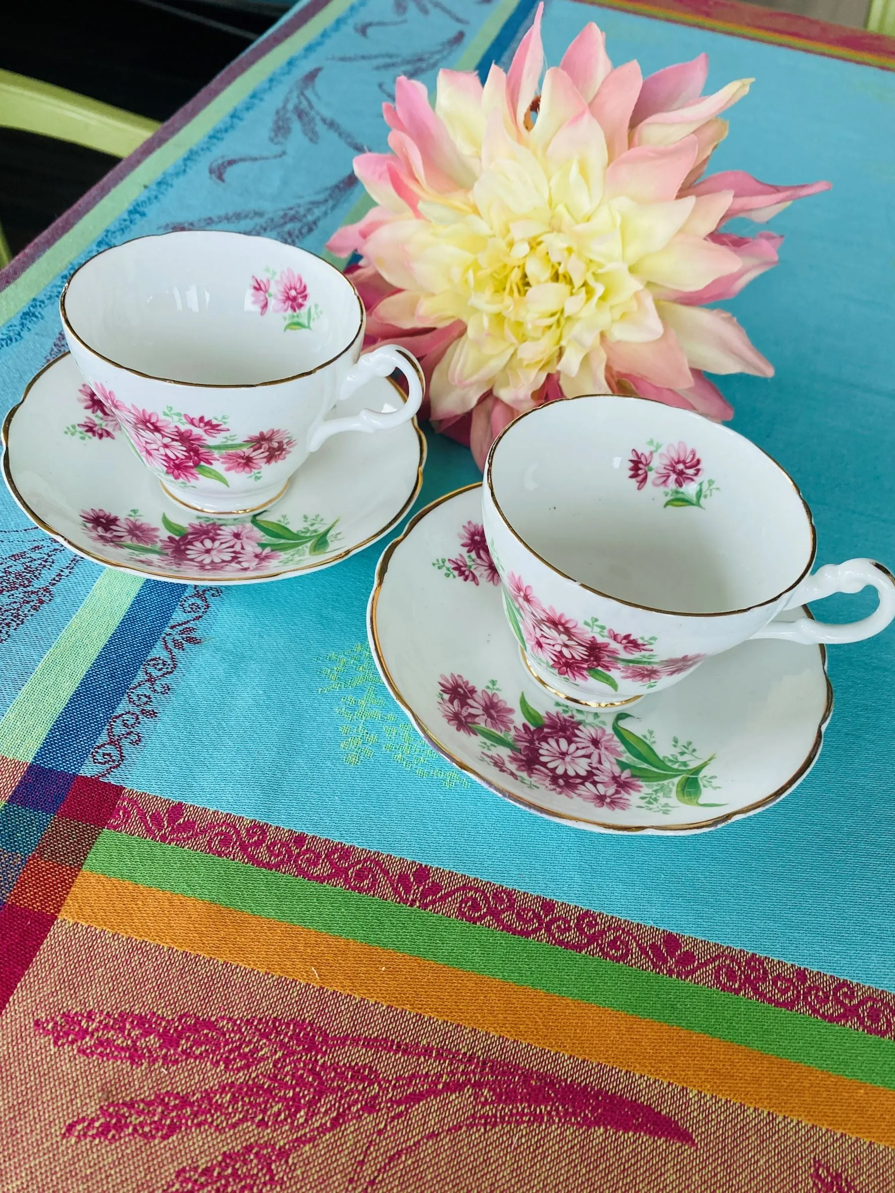 Regency Bone china teacups and Saucers, Pair, Michaelmas Pattern, England