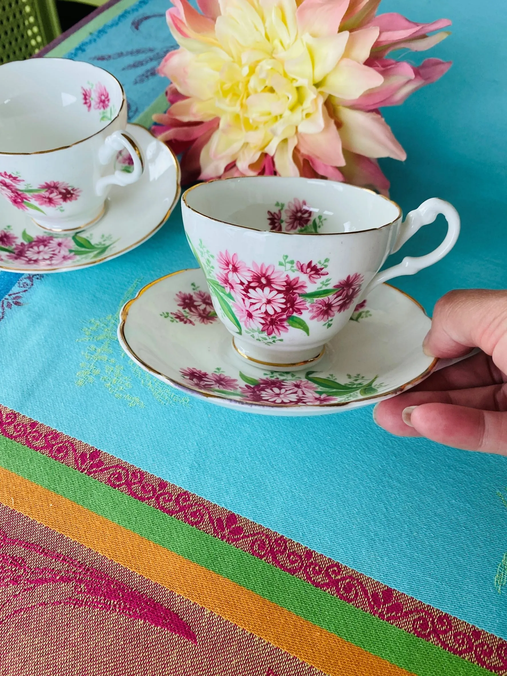 Regency Bone china teacups and Saucers, Pair, Michaelmas Pattern, England