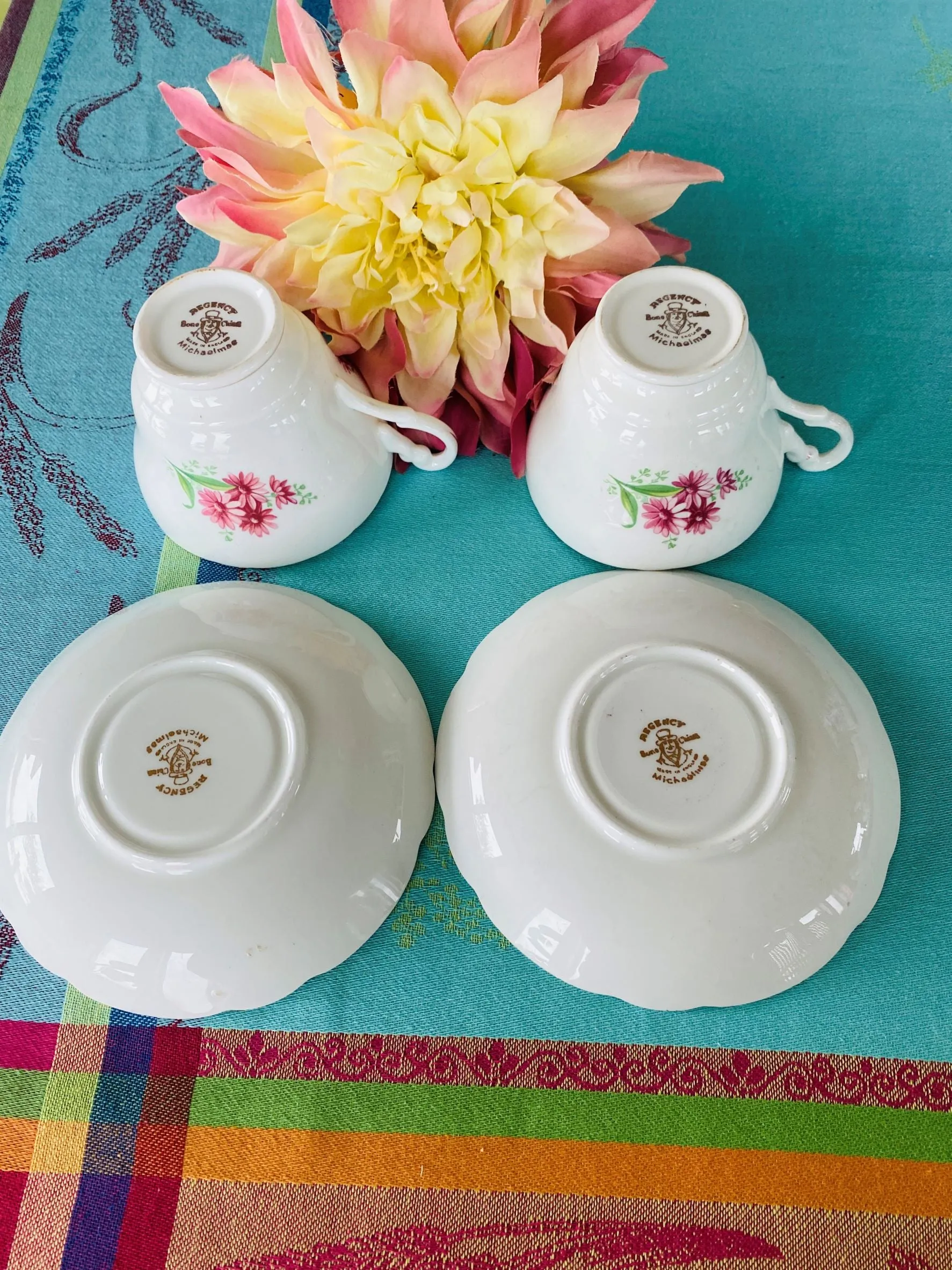 Regency Bone china teacups and Saucers, Pair, Michaelmas Pattern, England